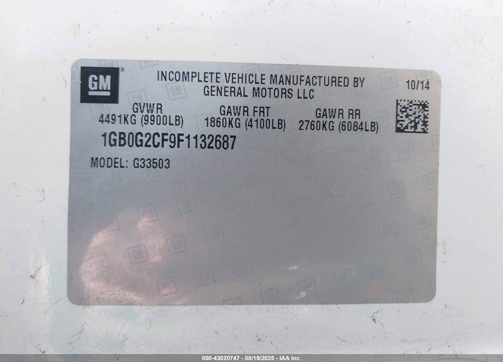 2015 CHEVROLET EXPRESS CUTAWAY 3500 VIN: 1GB0G2CF9F1132687