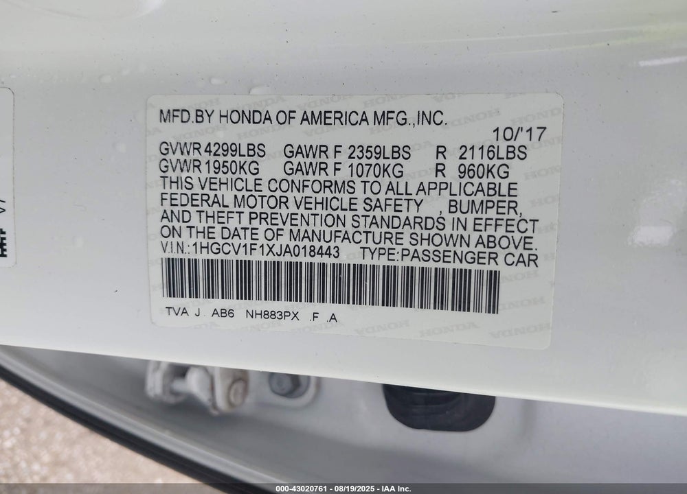 2018 HONDA ACCORD LX VIN: 1HGCV1F1XJA018443