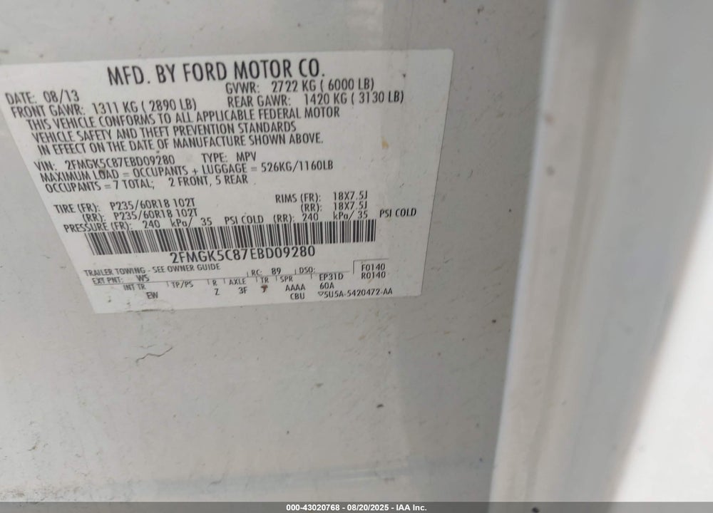 2014 FORD FLEX SEL VIN: 2FMGK5C87EBD09280