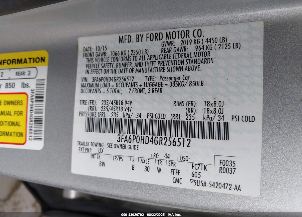 2016 FORD FUSION VIN: 3FA6P0HD4GR256512
