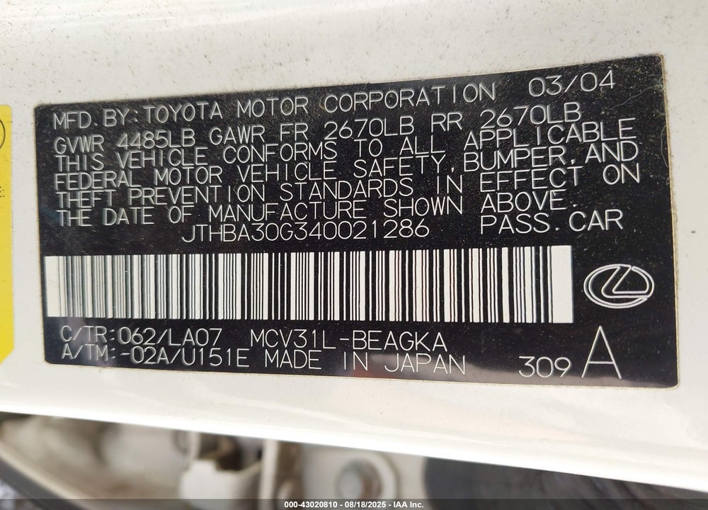 2004 LEXUS ES 330 VIN: JTHBA30G340021286