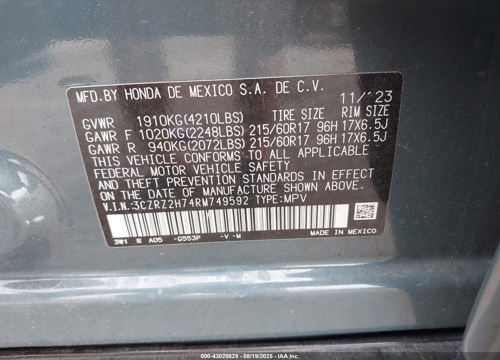 2024 HONDA HR-V VIN: 3CZRZ2H74RM749592