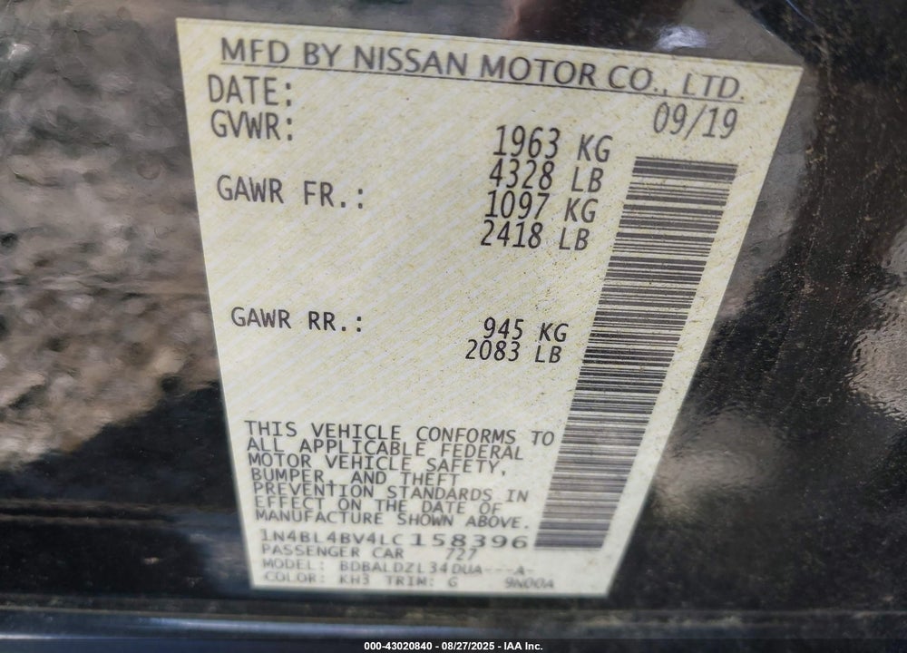 2020 NISSAN ALTIMA S FWD VIN: 1N4BL4BV4LC158396