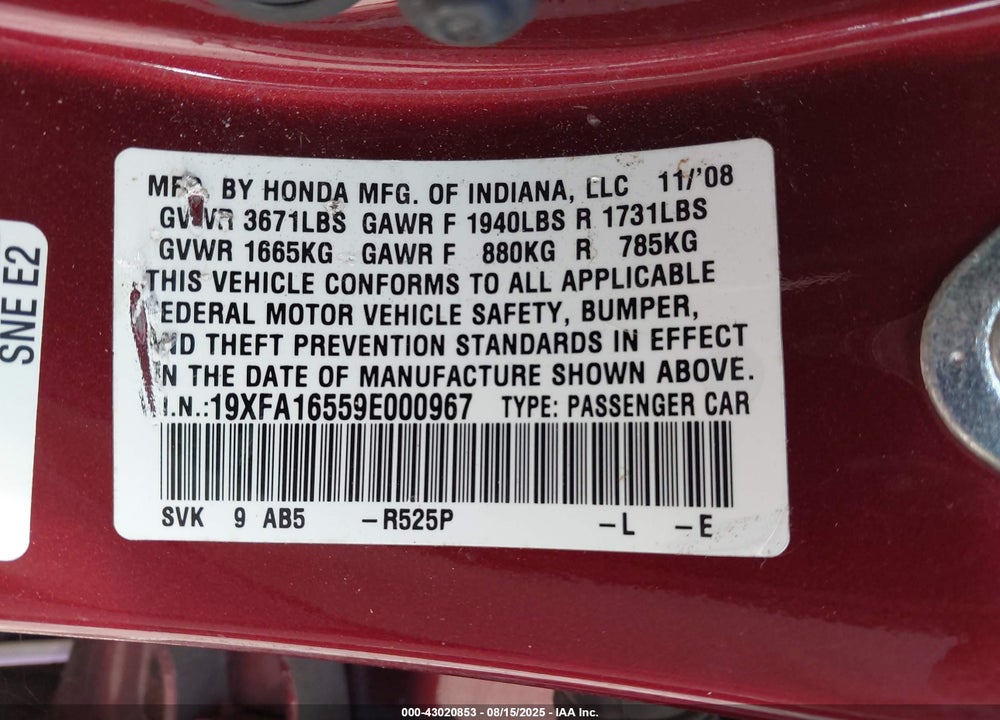 2009 HONDA CIVIC VIN: 19XFA16559E000967