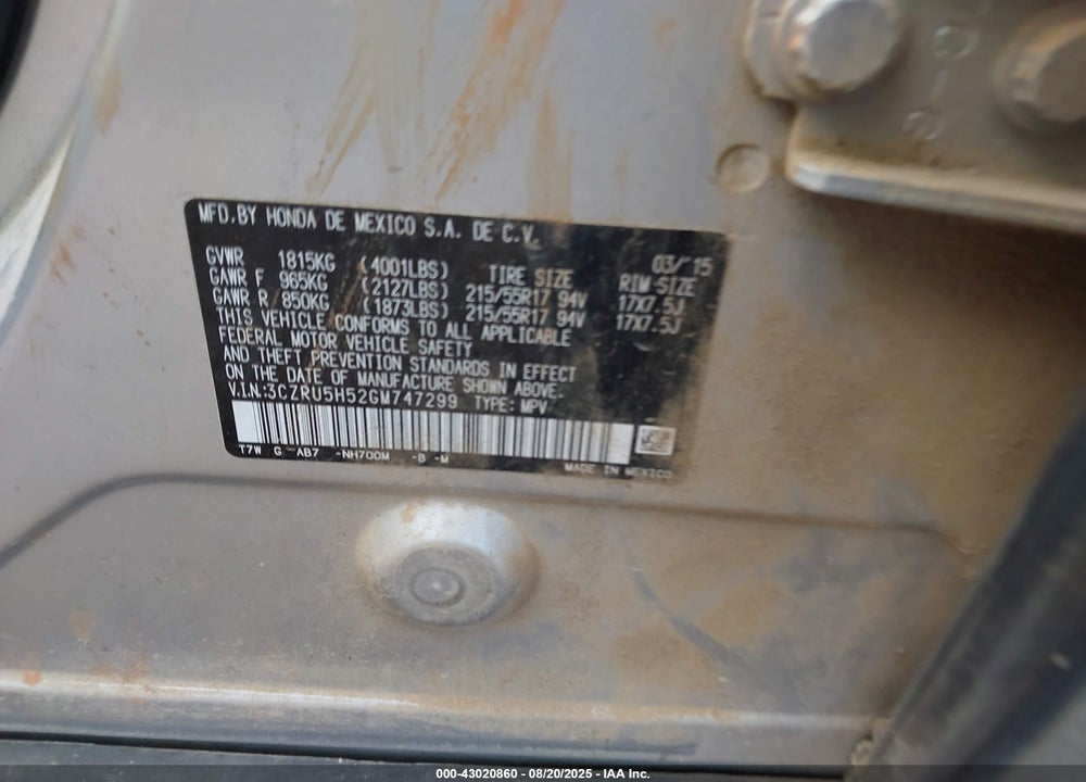 2016 HONDA HR-V VIN: 3CZRU5H52GM747299