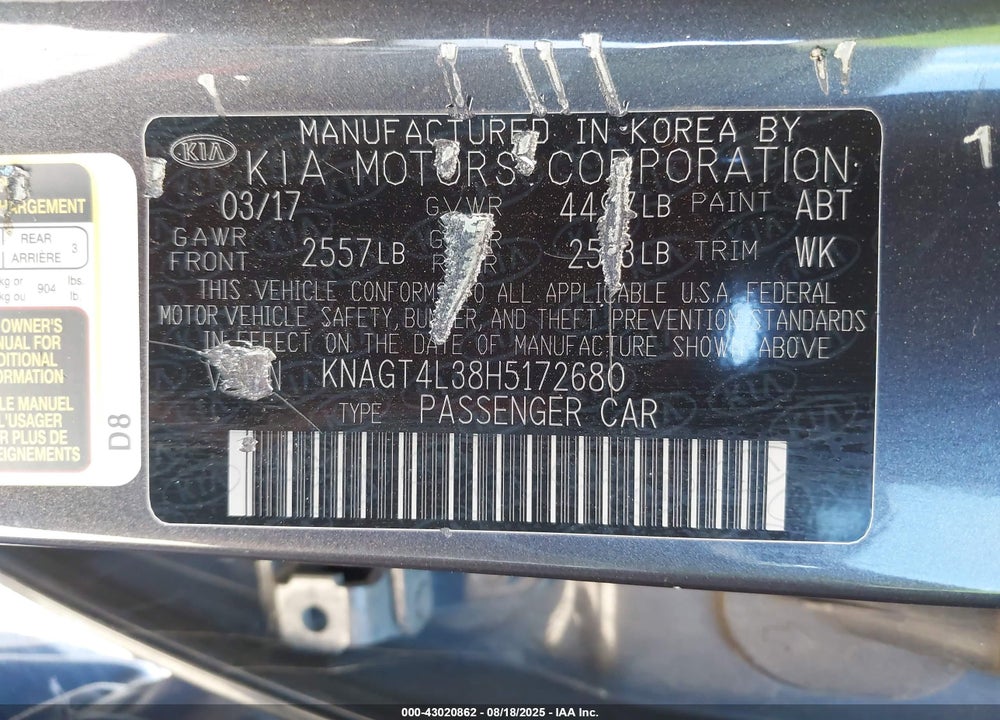 2017 KIA OPTIMA LX VIN: KNAGT4L38H5172680