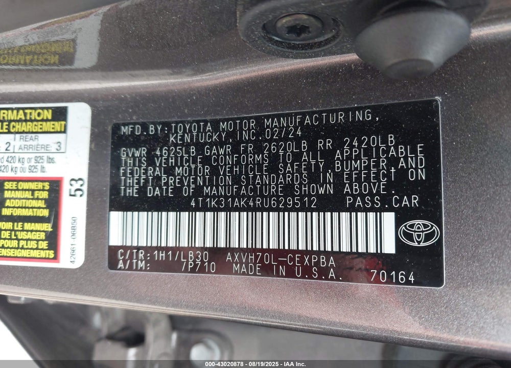 2024 TOYOTA CAMRY HYBRID VIN: 4T1K31AK4RU629512