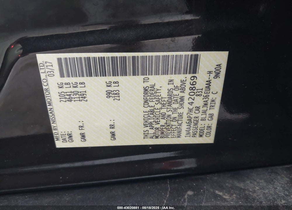 2017 NISSAN MAXIMA VIN: 1N4AA6AP7HC420869