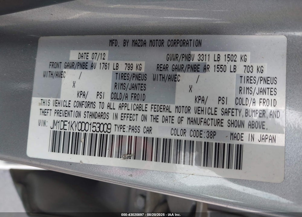 2013 MAZDA 2 VIN: JM1DE1KY0D0153009