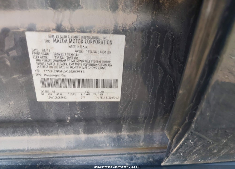2012 MAZDA 6 VIN: 1YVHZ8BH3C5M03613