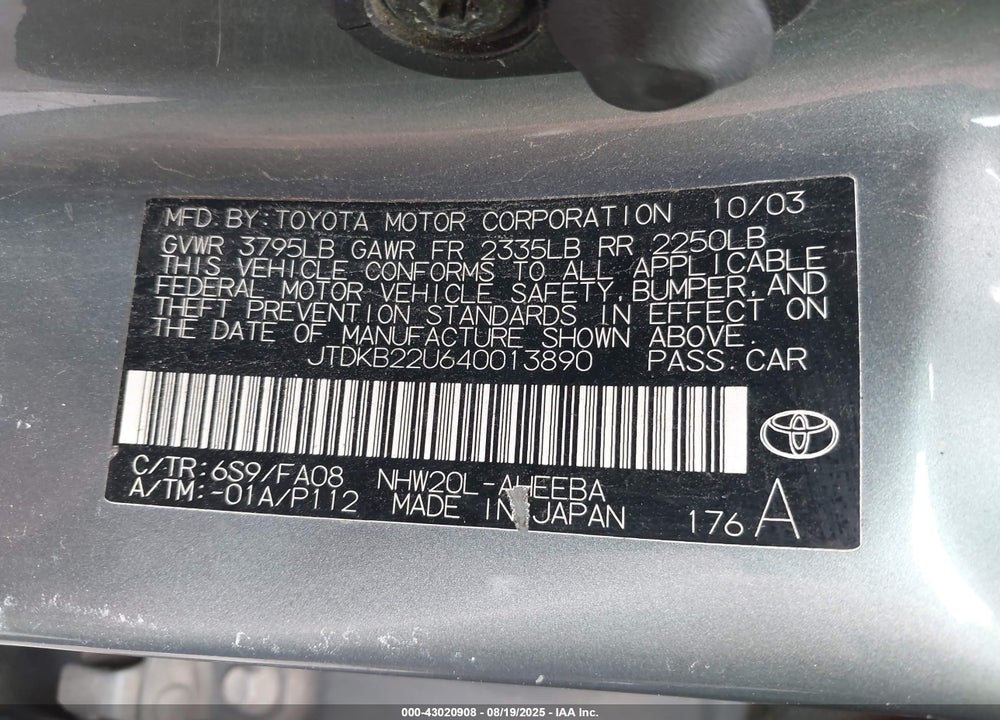 2004 TOYOTA PRIUS VIN: JTDKB22U640013890