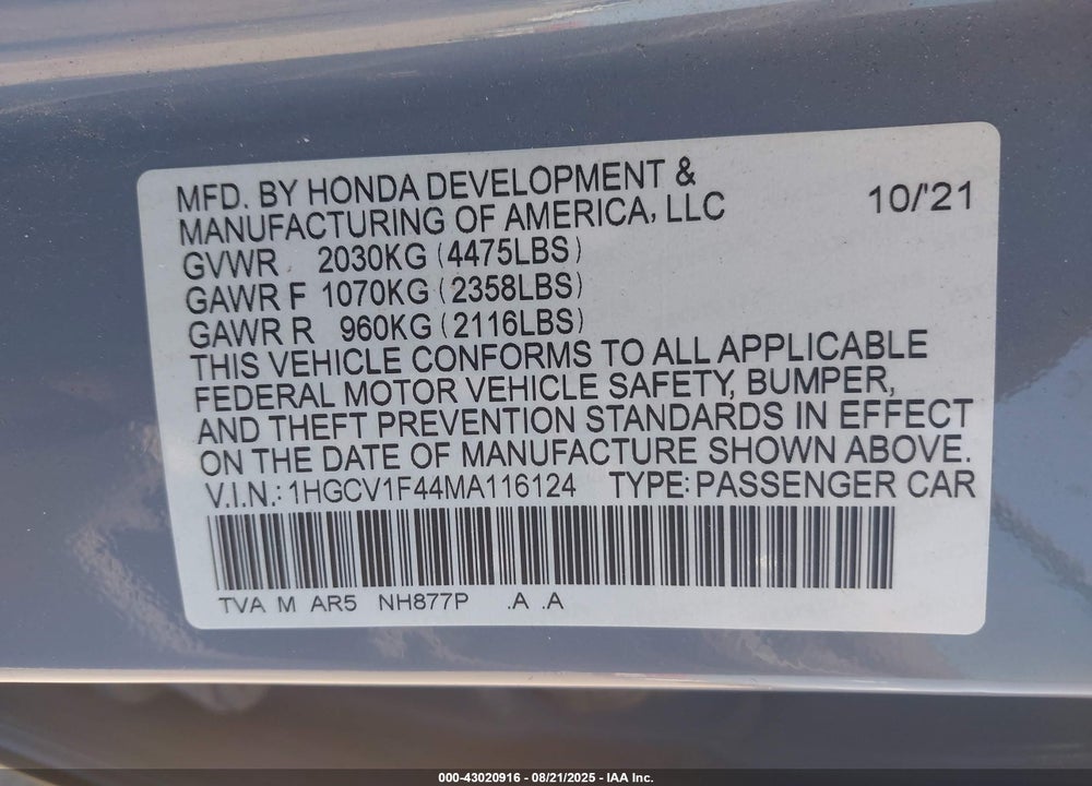 2021 HONDA ACCORD VIN: 1HGCV1F44MA116124