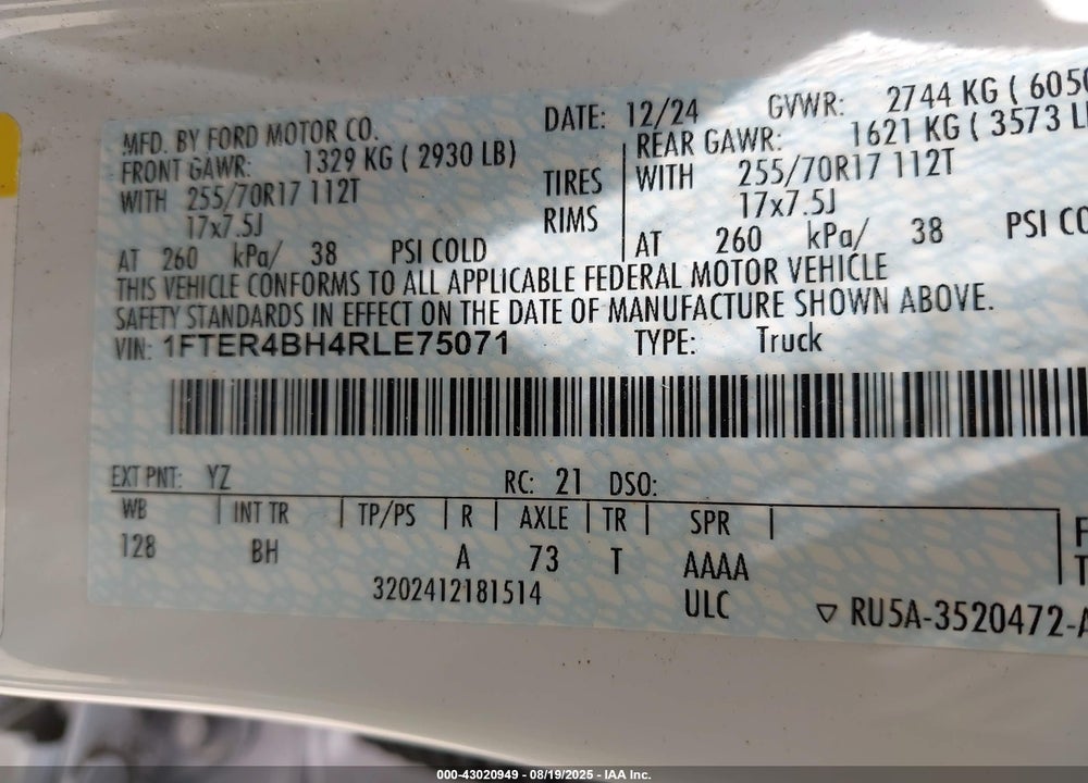 2024 FORD RANGER XL VIN: 1FTER4BH4RLE75071