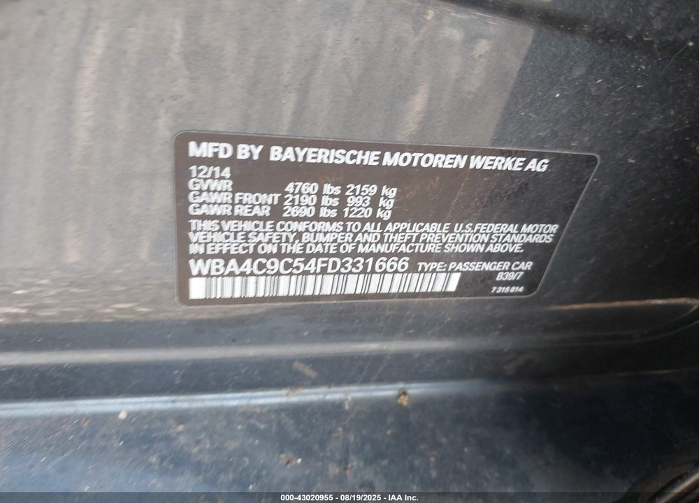 2015 BMW 4 SERIES VIN: WBA4C9C54FD331666