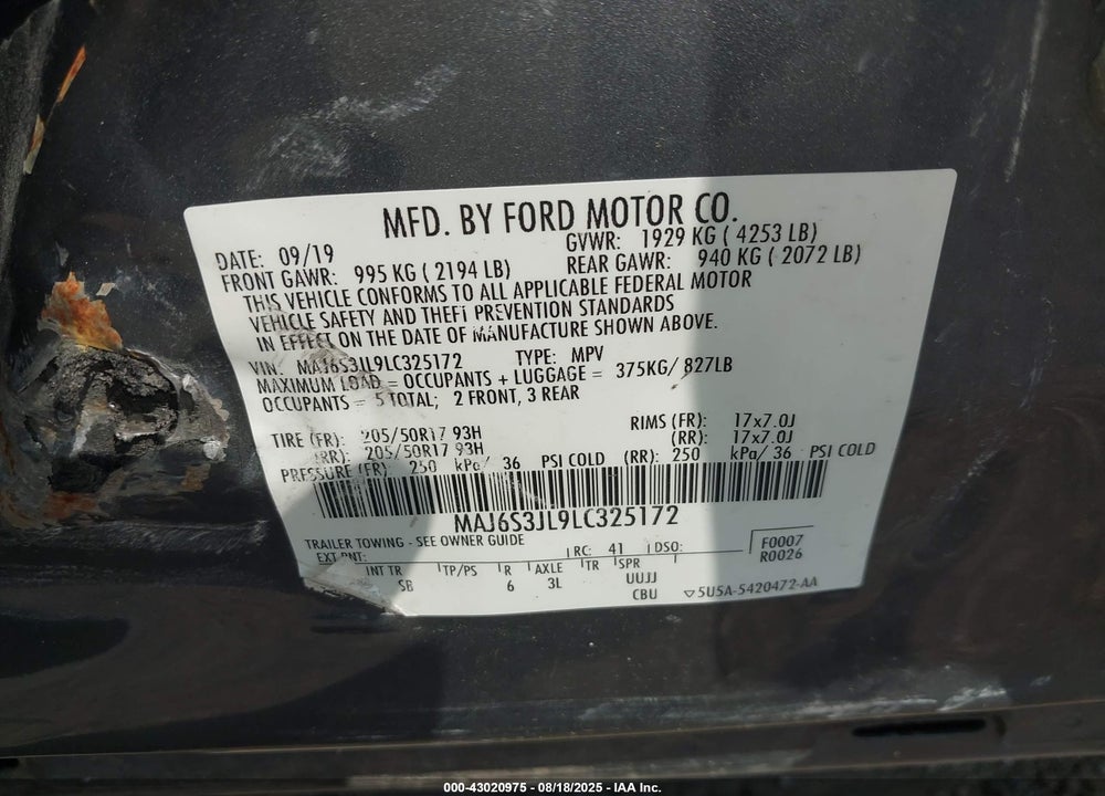 2020 FORD ECOSPORT VIN: MAJ6S3JL9LC325172