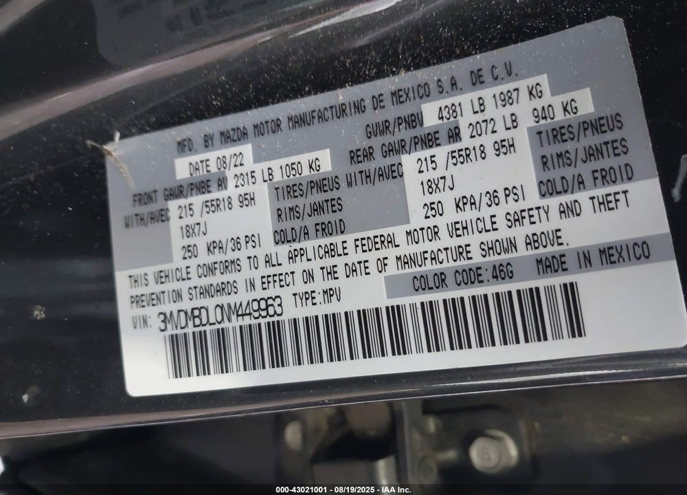 2022 MAZDA CX-30 PREMIUM VIN: 3MVDMBDL0NM449963