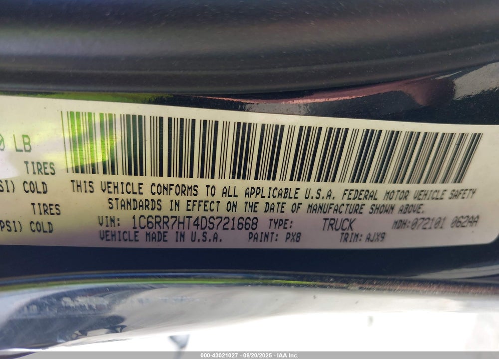 2013 RAM 1500 VIN: 1C6RR7HT4DS721668