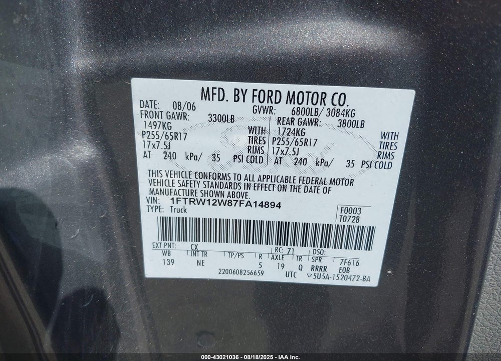 2007 FORD F-150 VIN: 1FTRW12W87FA14894