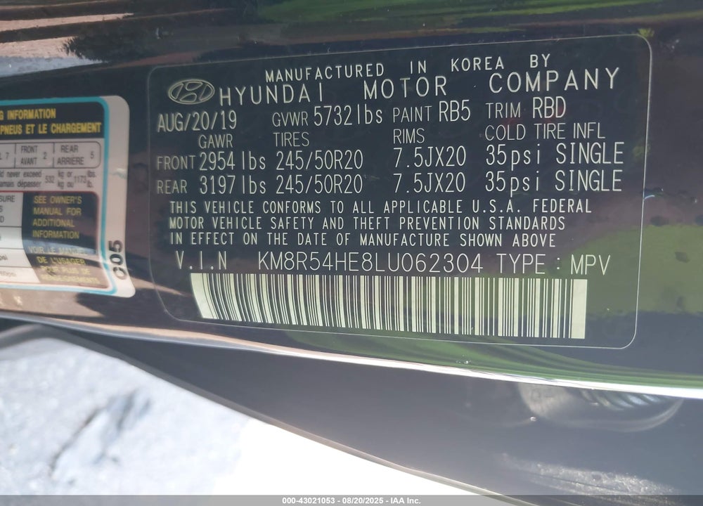 2020 HYUNDAI PALISADE VIN: KM8R54HE8LU062304
