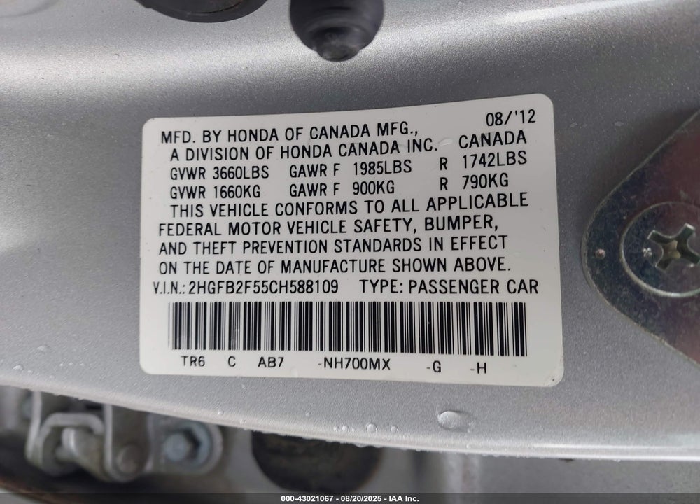 2012 HONDA CIVIC VIN: 2HGFB2F55CH588109