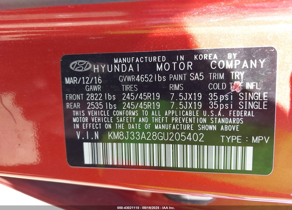 2016 HYUNDAI TUCSON VIN: KM8J33A28GU205402