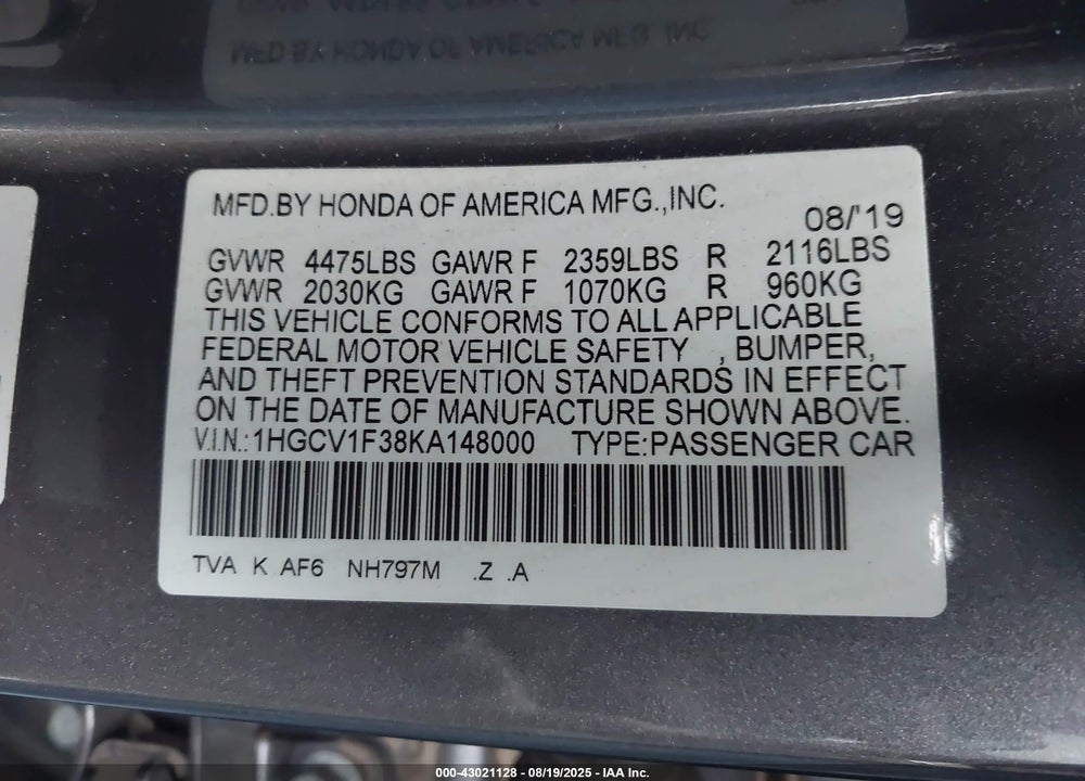 2019 HONDA ACCORD VIN: 1HGCV1F38KA148000