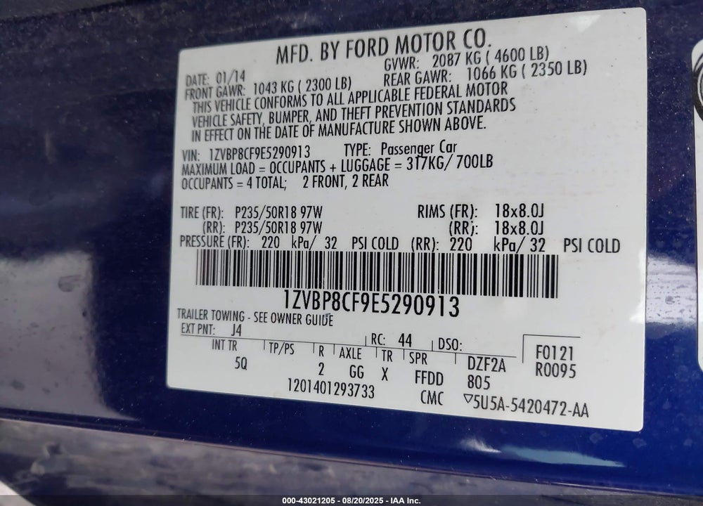 2014 FORD MUSTANG VIN: 1ZVBP8CF9E5290913