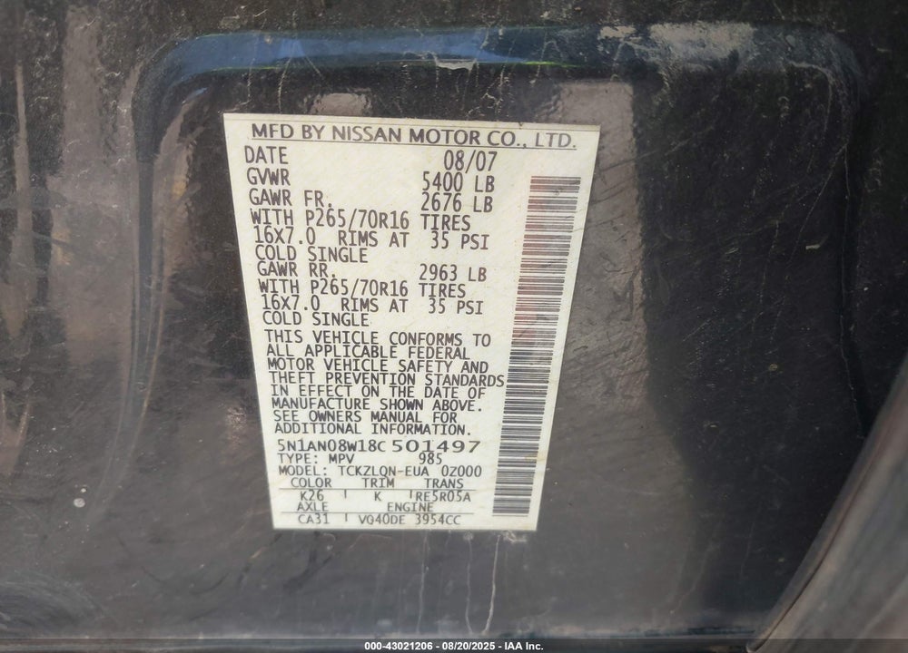 2008 NISSAN XTERRA OFF ROAD/S/SE VIN: 5N1AN08W18C501497