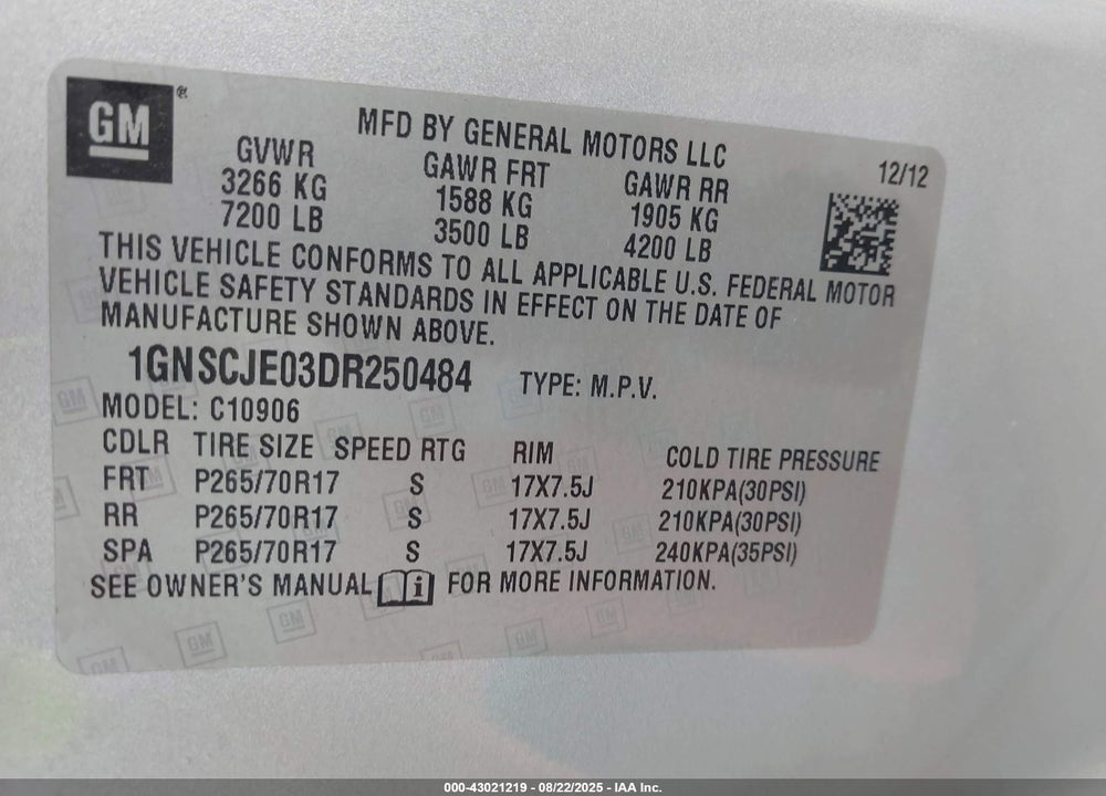 2013 CHEVROLET SUBURBAN 1500 VIN: 1GNSCJE03DR250484