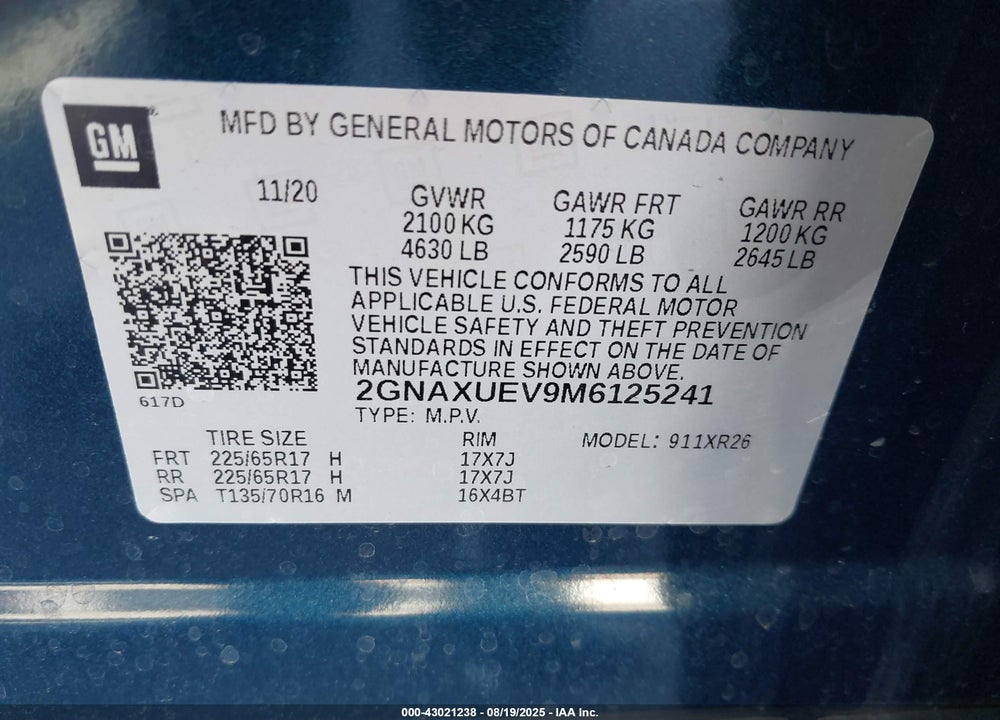 2021 CHEVROLET EQUINOX VIN: 2GNAXUEV9M6125241