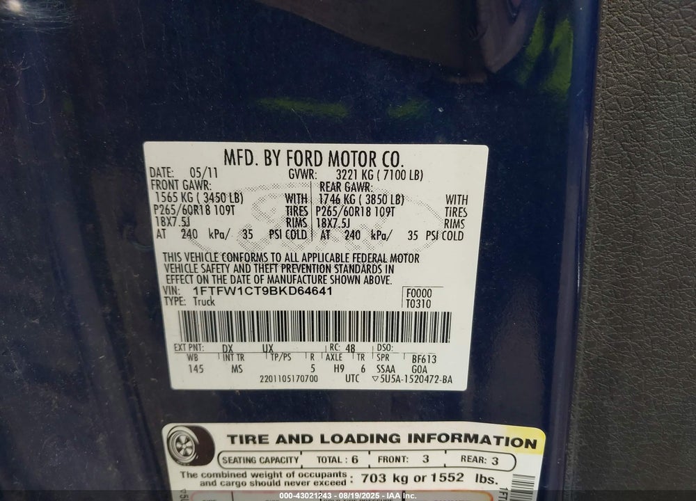 2011 FORD F-150 XLT VIN: 1FTFW1CT9BKD64641