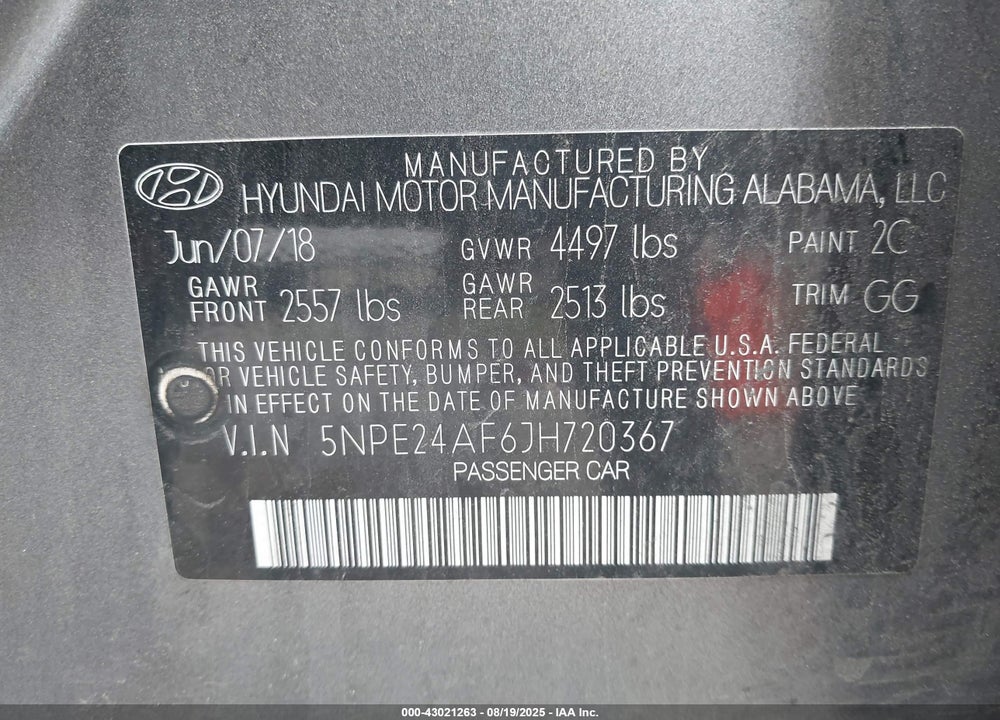 2018 HYUNDAI SONATA SE VIN: 5NPE24AF6JH720367