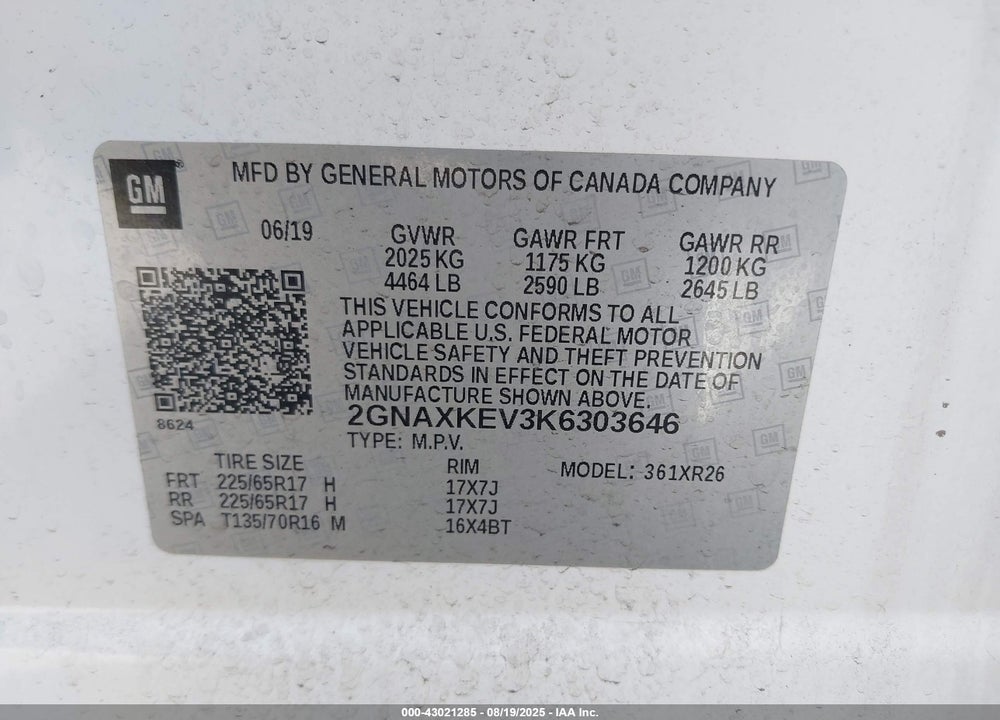 2019 CHEVROLET EQUINOX VIN: 2GNAXKEV3K6303646