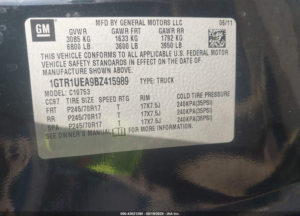 2011 GMC SIERRA 1500 VIN: 1GTR1UEA9BZ415989