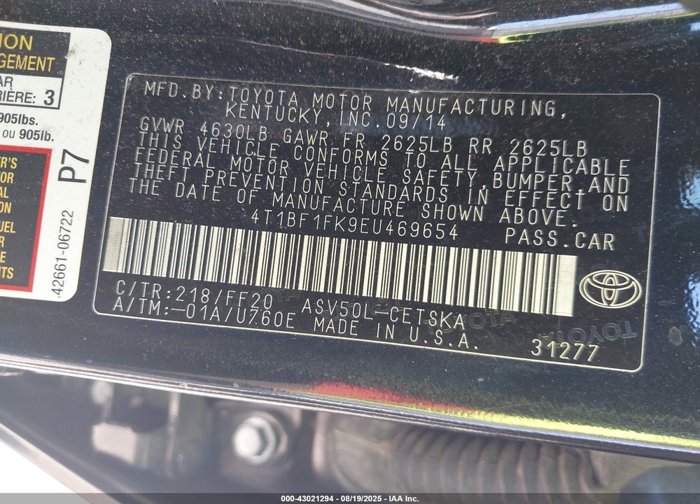 2014 TOYOTA CAMRY VIN: 4T1BF1FK9EU469654