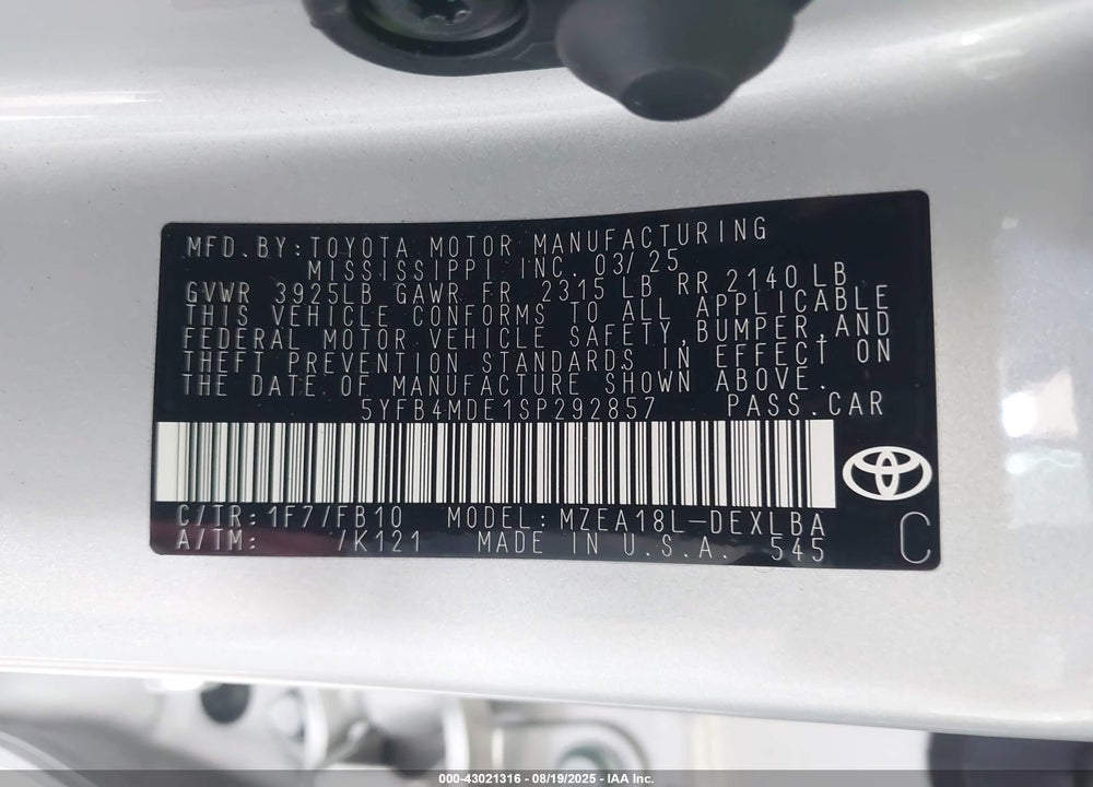 2025 TOYOTA COROLLA VIN: 5YFB4MDE1SP292857