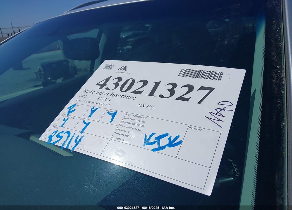 2013 LEXUS RX 350 VIN: 2T2ZK1BA3DC129323