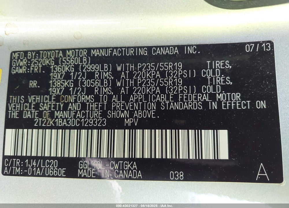 2013 LEXUS RX 350 VIN: 2T2ZK1BA3DC129323
