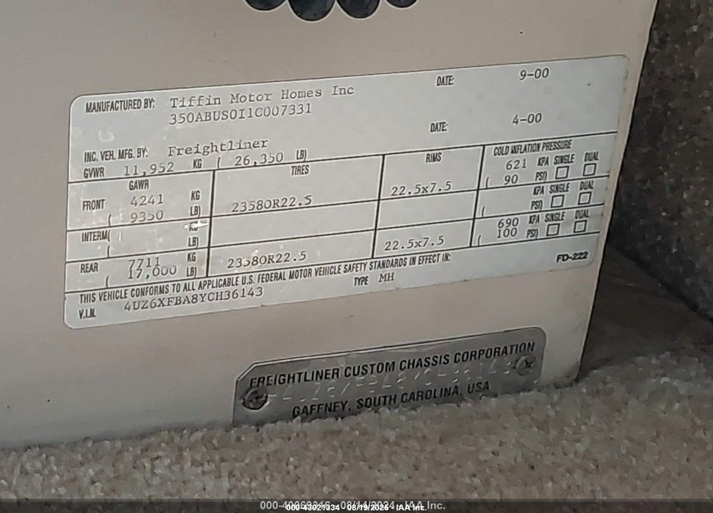 2000 FREIGHTLINER CHASSIS X LINE MOTOR HOME VIN: 4UZ6XFBA8YCH36143