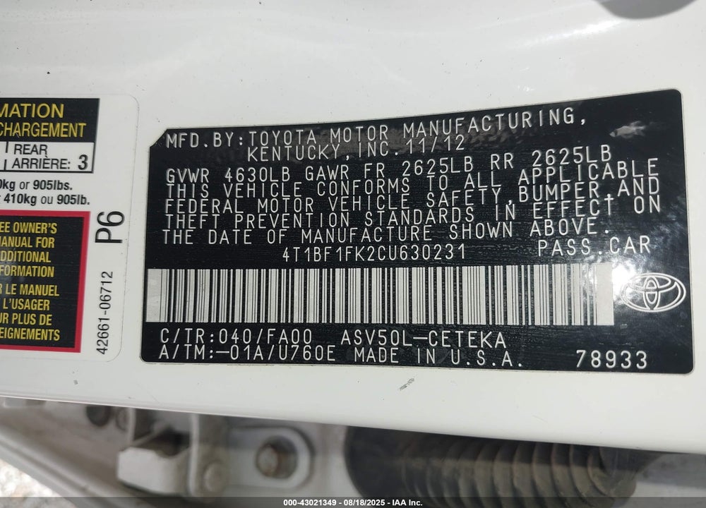2012 TOYOTA CAMRY VIN: 4T1BF1FK2CU630231