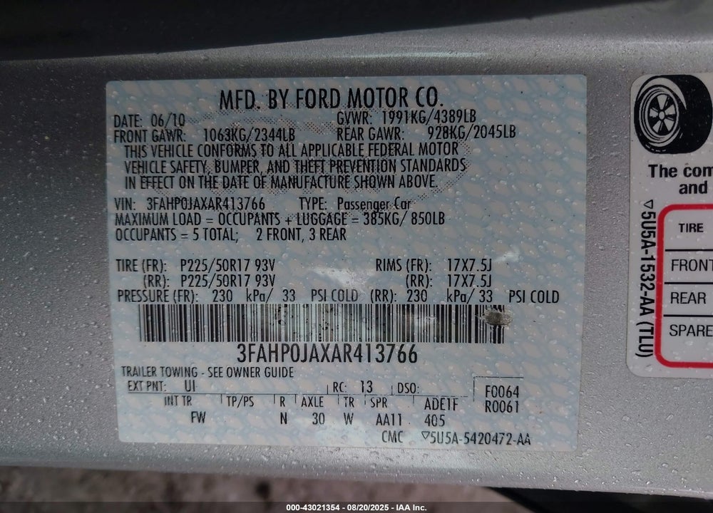 2010 FORD FUSION VIN: 3FAHP0JAXAR413766