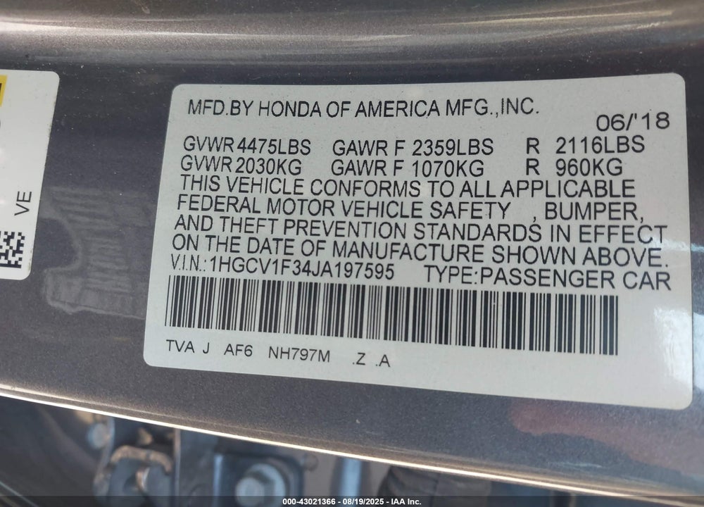 2018 HONDA ACCORD VIN: 1HGCV1F34JA197595
