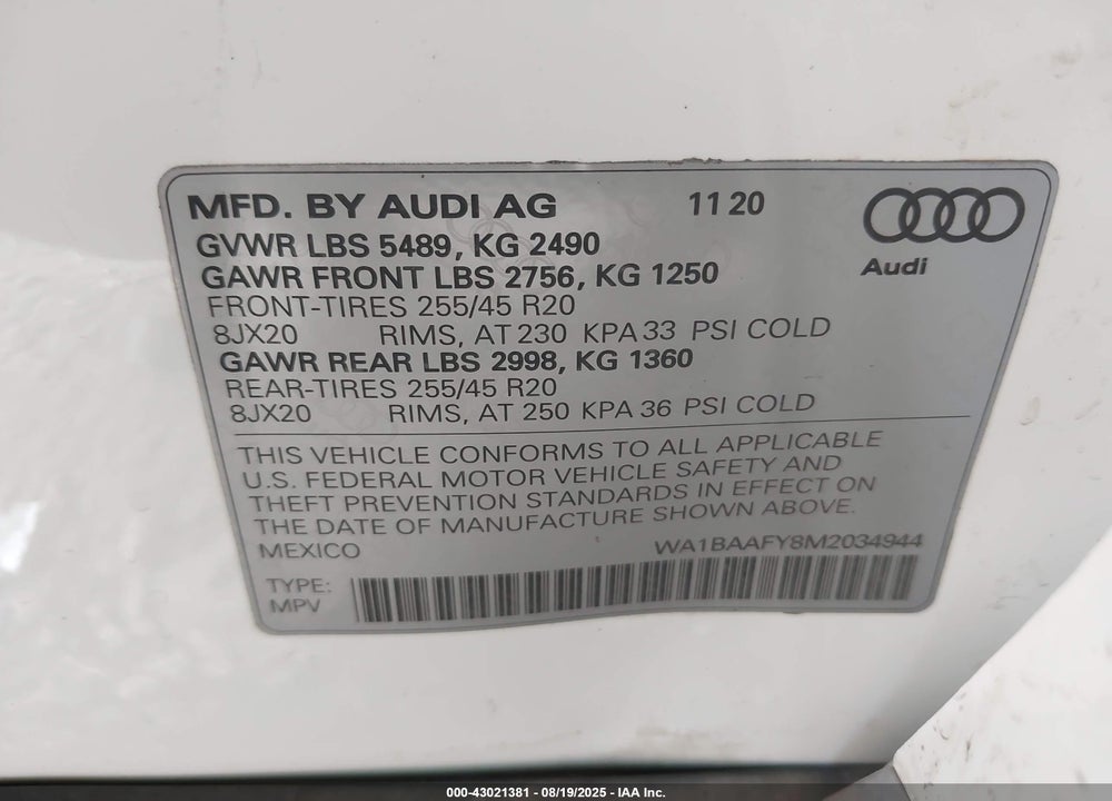 2021 AUDI Q5 VIN: WA1BAAFY8M2034944