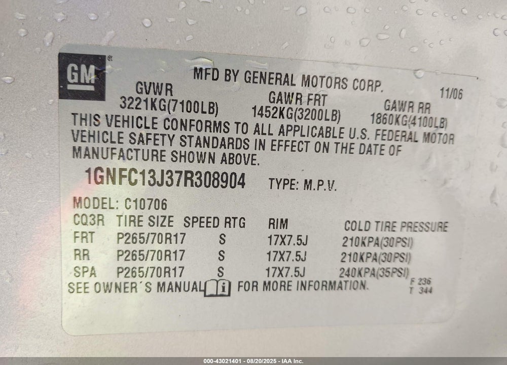 2007 CHEVROLET TAHOE VIN: 1GNFC13J37R308904