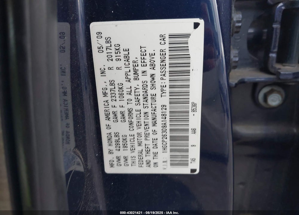 2009 HONDA ACCORD VIN: 1HGCP26309A148129