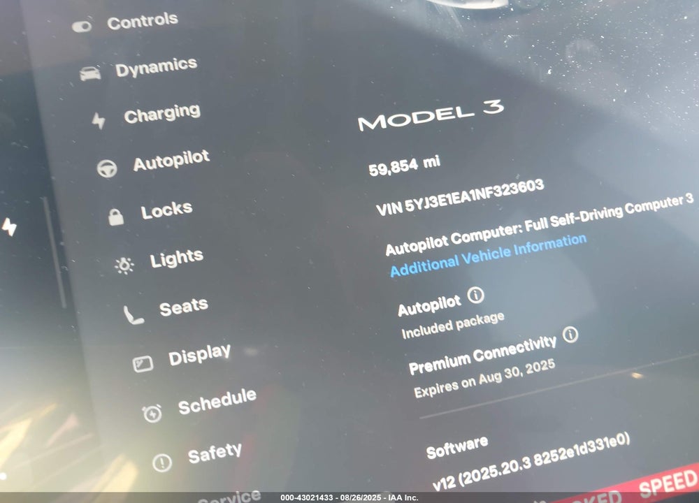 2022 TESLA MODEL 3 VIN: 5YJ3E1EA1NF323603