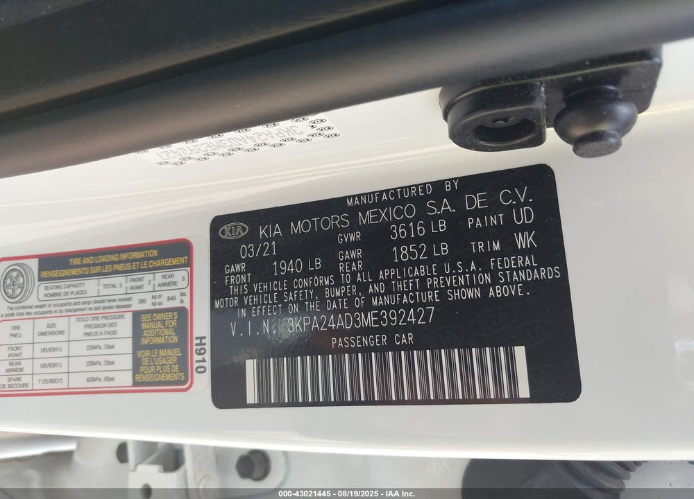 2021 KIA RIO VIN: 3KPA24AD3ME392427