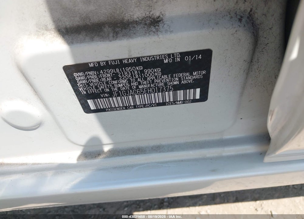 2014 SUBARU IMPREZA VIN: JF1GJAC65EH017375