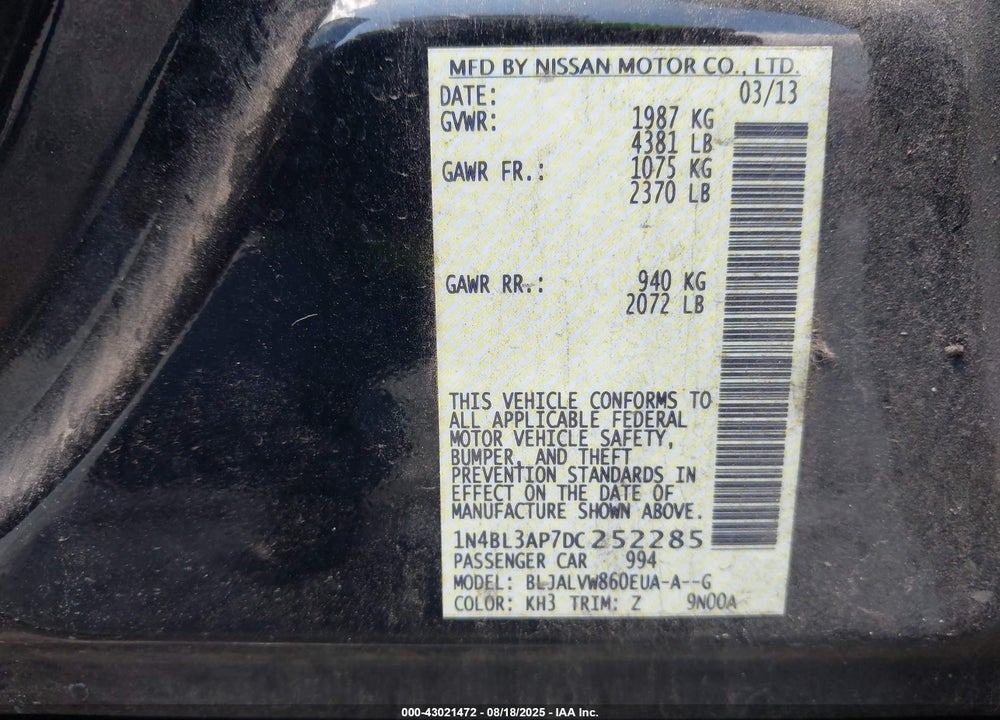 2013 NISSAN ALTIMA VIN: 1N4BL3AP7DC252285