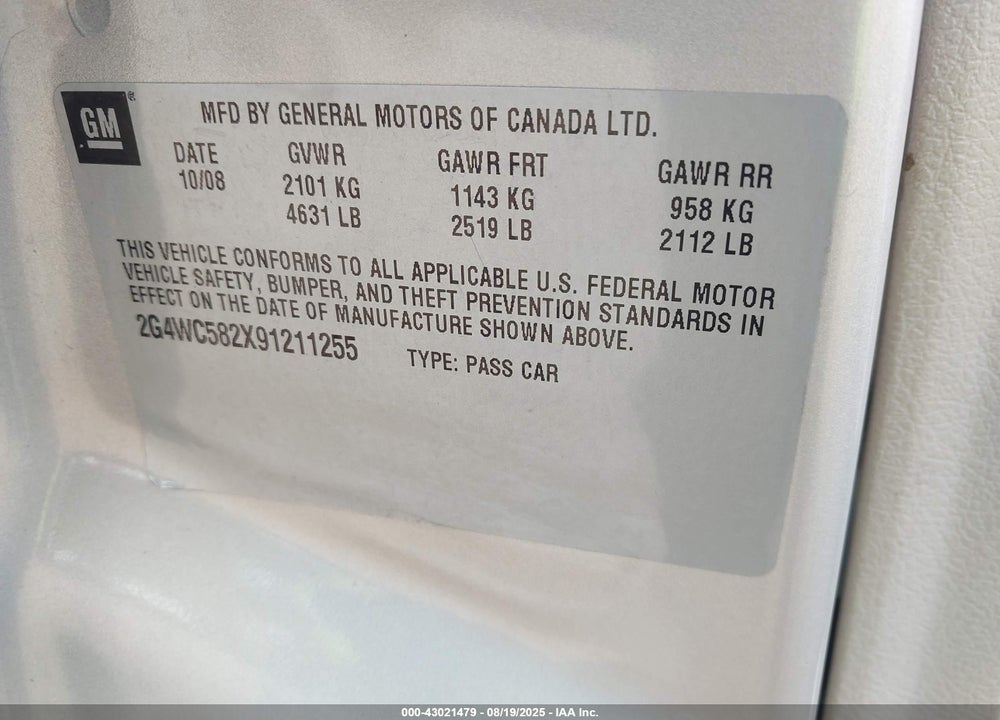 2009 BUICK LACROSSE VIN: 2G4WC582X91211255
